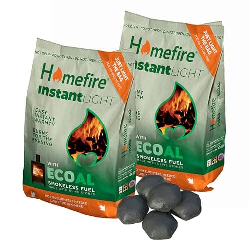 Image of Homefire Instant Light Smokeless Coal Fire - Very Easy To Light 2 x 3kg Smokeless Ecoal Fuel Made with Olive Stones for Open Fire and Multi Fuel Stoves. Suitable for Smokeless Zones, Burns over 3hrs