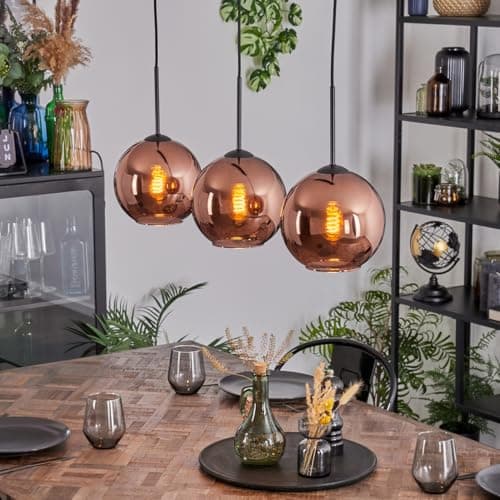 Image of HOFSTEIN Koyoto 3-Bulb Pendant Light Metal / Glass in Black / Copper Modern Pendant Light in Retro/Vintage Design (Shade Diameter 20 cm), E27, Dining Room, Living Room, Kitchen