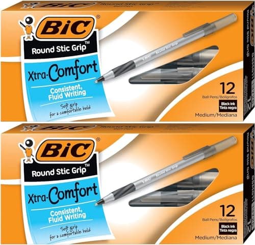 Image of BIC Round Stic Grip Xtra Comfort Ballpoint Pen, Medium Point (1.2mm), Black, 12-Count - Pack of 2