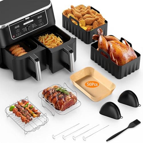 Image of Vernatti Air Fryer Accessories, 8PCS for Ninja/Keplin/Tower 7.6L-9.5L Dual Air Fryers, Includes Air Fryer Liners Silicone, Grill Rack, Gloves, Oil Brush, 50 PCS Air Fryer Liners, Unbleached