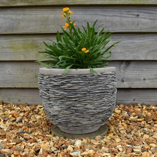 Image of Bedwen Westcott Ann Slate Planter. Egg Shape Small 27cm diameter. Outdoor garden pot. 100% frost proof.