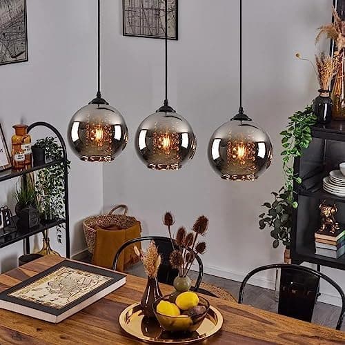 Image of Glass Balls Pendant Lamp 3 Lights, Adjustable Dining Table Pendant Lights Glass, Dining Table Hanging Lamp Silver Grey Modern E27x3 Ø20xH18cm,Serene16