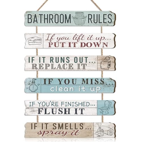 Image of HPNIUB Funny Bathroom Rules Wall Art Sign Decor, Blue Bathroom Accessories Wood Hanging Plaque, Rustic Home Decoration for Spa Bathroom Laundry 27x4.5cm