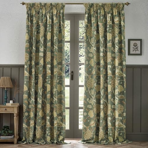 Image of Morris&Co. Cray Pencil Pleat Curtain Pair – Lined Velvet Floral River-Inspired Drapes (Sage/Sunflower - 168x229cm)