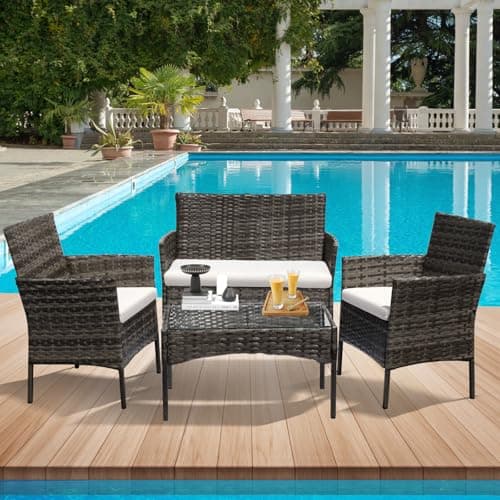 Image of Lishetimig Rattan Garden Furniture Set, Patio Conservatory Set, 4 Seater Rattan Dining Set with Soft Cushions, All Weather-Resistant for Garden, Terrace, Porch, Balconies, Lawns, Poolside (Grey)