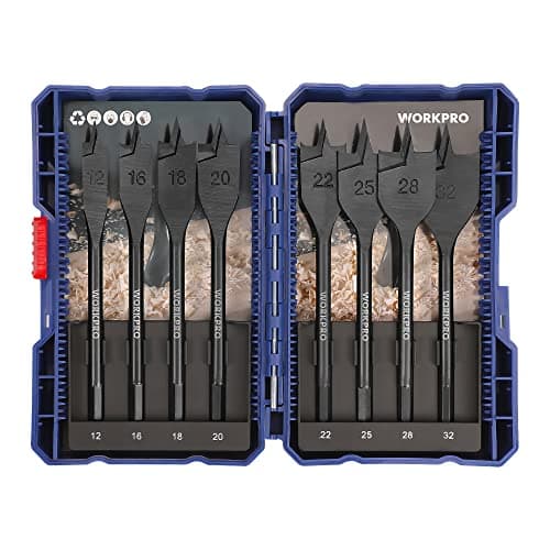 Image of WORKPRO 8-Piece Flat Wood Drill Bit Set, 1/4 Inch Quick Change Hex Shank, Ø 12-32 mm, with Storage Case