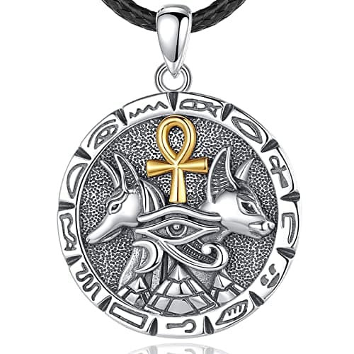 Image of EUDORA Harmony Ball Sterling Silver Anubis Necklace for Women Men, Oxidized Ancient Egyptian Anpu Ankh Cross Eye of Horus Pyramid Pendant, God of Dead Protective Jewelry Gift, 24 Inch