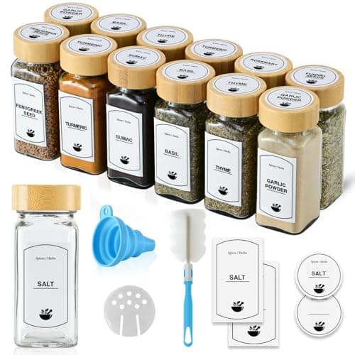 Image of ToughHub Glass Spices Jars 12 pcs with Bamboo Lids - 4 Oz Airtight Spice Containers with Shaker Lids, 96 Pre-Printed English Labels, Silicone Funnel & Cleaning Brush-Spice Bottles for Home Kitchen