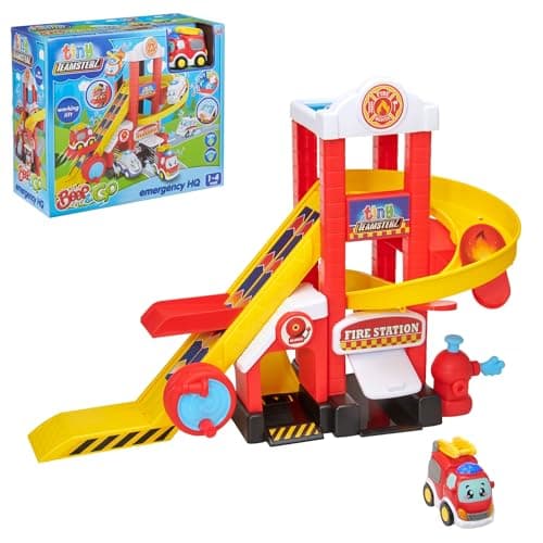 Image of Tiny Teamsterz Beep & Go Fire Station HQ Playset for Kids | Includes 1 Free-Wheeling Fire Engine | Lights & Sounds | Rescue Toy for Toddlers | Emergency Vehicle Play | Ages 1-4 Years