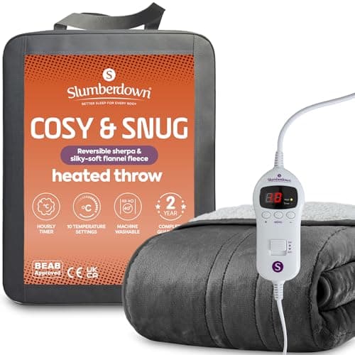 Image of Slumberdown Luxury Heated Throw Blanket (130x160cm) - Reversible Sherpa & Fleece Electric Blanket with 10-Heat Settings & Timer | Energy Efficient (3p/hr), 2-Year Guarantee, Washable, Grey
