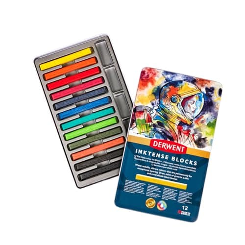 Image of Derwent Inktense Blocks 12 Tin, Set of 12 Water-Colours, 8mm Block, Water-Soluble, Ideal for Drawing, Colouring, Crafts & Painting on Paper & Fabric, Professional Quality (2300442)