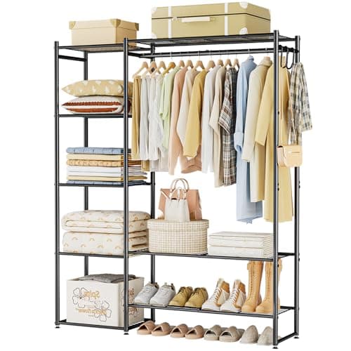 Image of Neprock Clothes Rails for Bedroom, FreeStanding Open Wardrobe Closet with Hanging Rail, 4 Storage Shelves, 3 Hooks and 2 Bottom Shelves, Portable Metal Clothing Rack for Shoe and Clothes Storage,Black