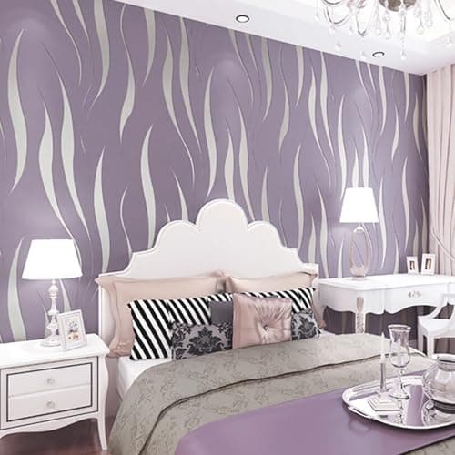Image of Pamatio Wavy Glitter Wallpaper Purple Luxury 3D Effect Wave Texture, Embossed Feature Non-Woven Modern Nordic Style Wallpaper for Living Room, Bedroom and Hallway Adult Home Decor