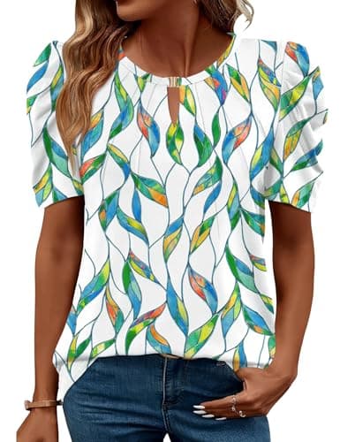 Image of iWoo Ladies Tops Short Sleeve T-Shirt Elegant Crew Neck Blouses Gigot Sleeve Shirt Dressy Floral Printed Fashion Tshirts White Colorful Leaf M