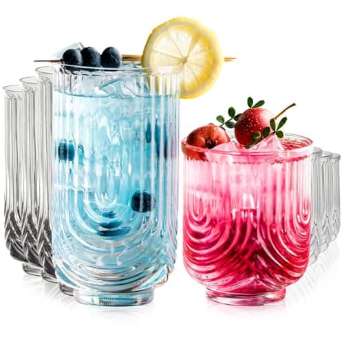 Image of KEMORELA Art Deco Glass Tumblers Set of 8 – U-Shaped Textured Highball & Lowball Drinking Glasses, Vintage Cocktail & Whiskey Glassware for Iced Coffee, Beer, Juice & Water (355ml/415ml)