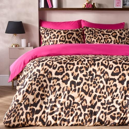 Image of OHS Leopard Print Bedding King Size Duvet Cover Set Reversible, Super Soft Cosy Warm Microfibre Leopard Modern Quilt Cover Set with Pillowcases, Natural/Hot Pink