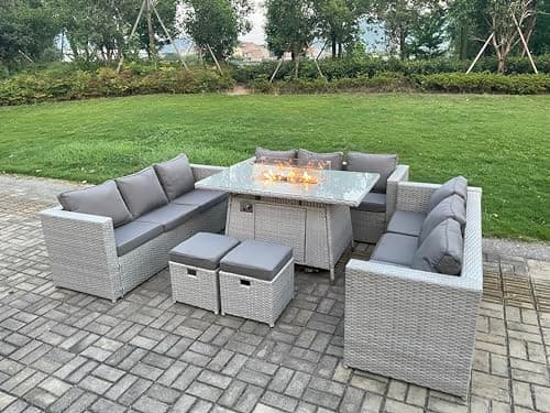 Image of FMSGarden Light Grey U Shape Lounge Sofa Set 9 Seats Dining Set With Gas Heater Fire pit Burner 2 PC Small Footstool