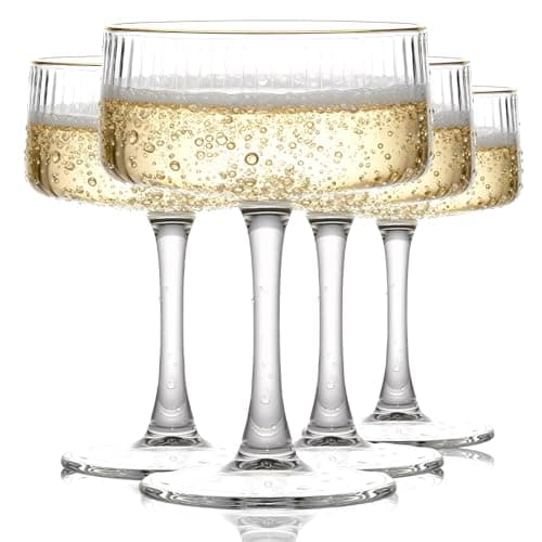Image of TOLASTO Ribbed Vintage Art Deco Coupe Glasses - Martini, Champagne & Cocktail Ribbed Glasses 260ML(9oz) | Crystal Ripple Goblet Glassware Set, Gilded, 4 Pieces, Housewarming Gift