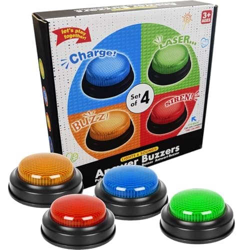 Image of Game Show Buzzer Set - 4 Pack Quick Response Buttons, Handheld Answering Bell For Quiz Competition Debate Voting Classroom Family Night Game Props | Interactive Educational Party Toy