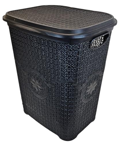 Image of Best House | 65L Laundry Basket with Lid | BLACK | 65 Litres | Large | Plastic Hamper | Knitted/Rattan Style | Clothes Storage Washing Bin Basket Hamper for Bathroom Bedroom (Pack of 1)