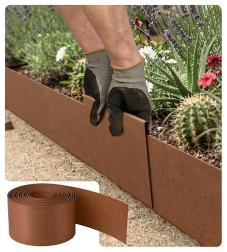 Image of 5 Metre Corten Steel Lawn Edging, 15 cm High,0.6mm Thick Metal Garden Edging – Easy to Install Steel Garden Border – Flexible Metal Lawn Edging – Includes a Pair of Gloves and a Metal Connector
