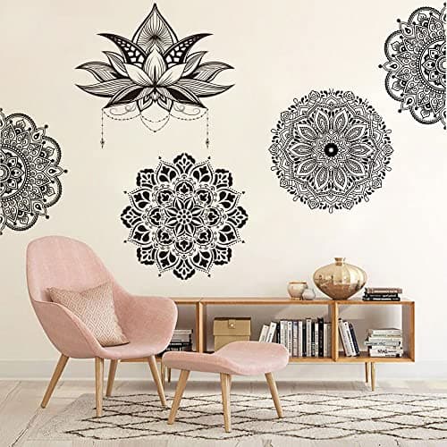 Image of Runtoo Mandala Flower Wall Art Sticker Black Boho Lotus Floral Wall Decal for Living Room Bedroom Yoga Headboard India Decor