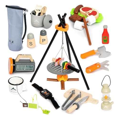 Image of UMU® Camping Game for Kids Made of Wood with Campfire, Lantern, Knife, Axe and More, Adventure Role Play Toys, 45 Piece Set for 3 4 5 Year Old Girls and Boys