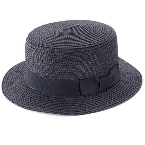 Image of Lawliet Lady Boater Sun Caps Ribbon Round Flat Top Straw Beach Hat Summer Hats for Women (Black)(Size: One Size)