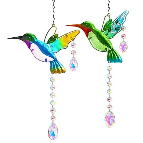 Image of 2PCS Hummingbird Suncatchers,Stained Glass Window Hanging Ornament,Rainbow Maker Crystal Prism Suncatcher Outdoor Indoor Home Garden Party Decoration