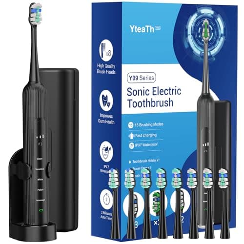 Image of Electric Toothbrush for Adults and Kids, Rechargeable Sonic Toothbrush for Deep Teeth Cleaning, 5 Modes & 3 Intensities, Long Battery, with Travel Case, 8 Brush Heads, Smart Timer, Black