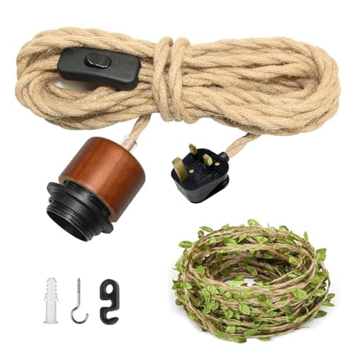 Image of ZRLXFM 5.1m Hemp Rope Pendant Light Fitting, E27 Bulb Holder with On/Off Switch and Plug, Rustic Plug in Hanging Lamp Fixtures with 5m Green Decorative Cord for DIY Lampshade