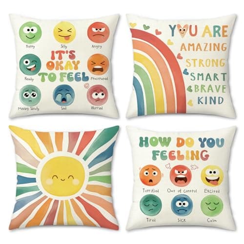 Image of COZZSNUGE Calming Corner Cushion Covers Kids Rainbow Sun Emotion Polyester Decorative Pillowcases for Home Bed Classroom Nursery Reading Corner 45 x 45 cm Set of 4