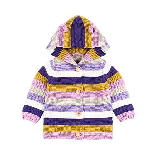 Image of VICROAD Baby Cardigan Hooded Coats Boys Girls Stripe Knitted Jacket Warm Sweater, Rose Red, 6-12 Months/80 cm