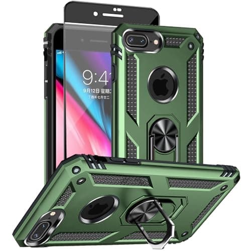 Image of Aozuoton for iphone 8 Plus Case, iphone 7 Plus Phone Case with HD Screen Protector, [Military Grade 16ft. Drop Tested] Ring Shockproof Protective Phone Case for iphone 8/7 Plus Army green
