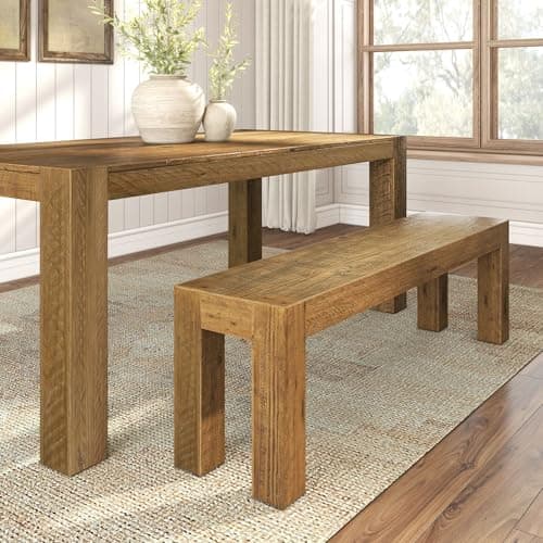 Image of Plank+Beam Camden, Farmhouse Dining Bench, 58", Solid Wood Dining Bench, Rustic Bench for Dining Table and Kitchen, Natural Wood Grain, Rustic Honey