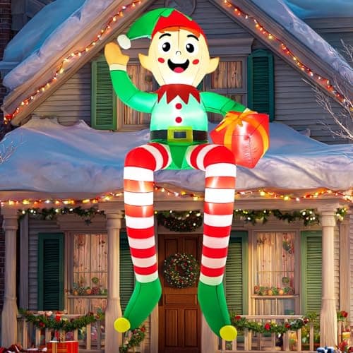 Image of 8FT Christmas Inflatable Outdoor Decoration Elf on Roof Blow Up Yard Decorations Giant Large Cute Xmas Built-in Led Lights Holiday Party Outside Lawn Garden Sitting Elf Rooftop Décor