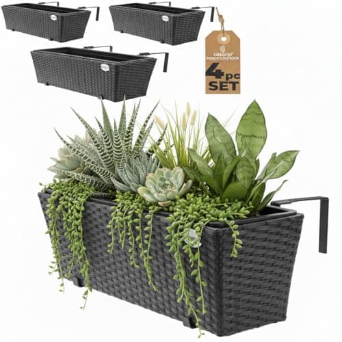 Image of CASARIA® Set of 4 Flower Boxes | Weatherproof Rattan | Hangable with Mounting Brackets | Floating Planters Balcony | Windowsill | Railing | Gate | Fence | 60x20x19cm | 11 L | Black...