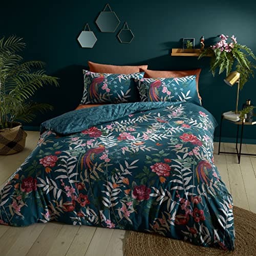 Image of Catherine Lansfield Bedding Tropical Floral Birds Single Duvet Cover Set with Pillowcase Green
