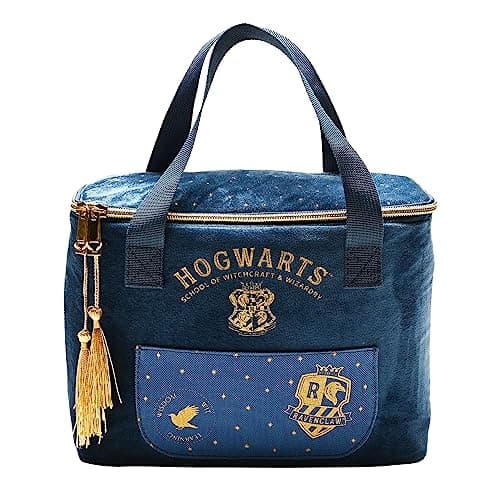 Image of Warner Bros Harry Potter Ravenclaw Alumni Lunch Bag – Official Blue Velvet Insulated Lunch Tote with Embroidered Hogwarts Crest, Tassel Zippers – School Lunch Box for Kids, Teens & Adult