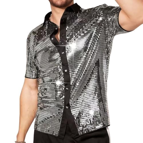Image of Men's Shiny T-Shirt, Short Sleeve Sequins 70s 80s Disco Fancy Dress Shirt, Vintage Lapel Button Down Sparkly Dancing T-Shirt, Sheer Mesh Button Front Tops for Party Nightclub Christmas Prom Costume