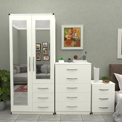 Image of Ready 3-Piece Bedroom Furniture Set, 2-Door Mirrored Wardrobe with Drawers, 5-Drawer Chest, 3-Drawer Bedside Table (White)