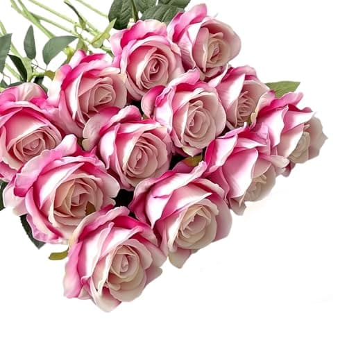 Image of RHQFDM 12 Bundles Artificial Red Roses,51cm Long Stemmed Artificial Roses,Artificial Silk Flowers,Artificial Flowers Like Real,Fake Roses for Home,Garden and Wedding Decoration（Dark Pink）