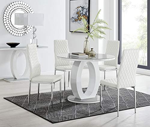 Image of Furniturebox UK Giovani Modern Stylish Grey/White High Gloss and Glass 100cm Round Dining Table and 4 Contemporary Milan Chairs Set (Dining Table + 4 White Milan Chairs)