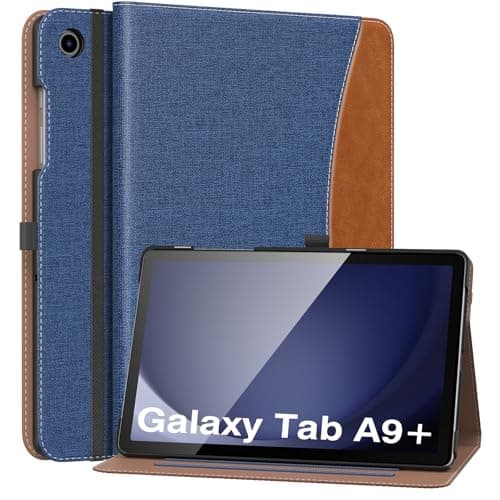 Image of MoKo Case for Samsung Galaxy Tab A9 Plus 11" 2023 (SM-X210/SM-X216/SM-X218), PU Leather Multi-Angle Viewing Folding Stand Cover Case with Hand Strap, Front Pocket, Auto Wake/Sleep, Denim Blue & Brown