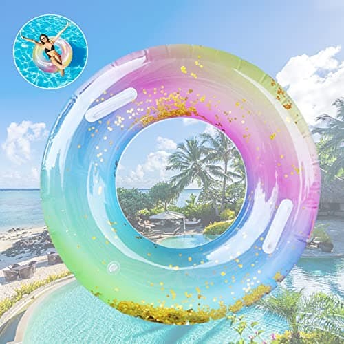 Image of Pukitt Swimming Ring Adults, Rainbow Sequins Swim Ring With Safy Handle, Transparent Floating Ring, Durable Inflatable Pool Floats, Swimming Ring Tube For Summer Pool Party And Water Sports