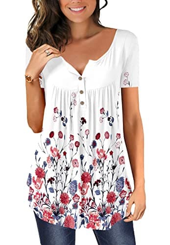 Image of Magritta Womens Tunic Tops Short Sleeve Plus Size Shirts Summer Floral Printed V Neck T-Shirt Blouses Ruffle Swing Tops for Leggings White Carnation XX-Large