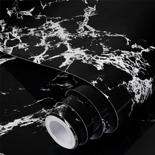 Image of Fiula Black Grey Marble Peel and Stick Wallpaper, Glossy Self Adhesive Vinyl Wrap 45cm x 300cm, Waterproof Marble Effect Contact Paper for Kitchen Worktops, Cabinets & Furniture
