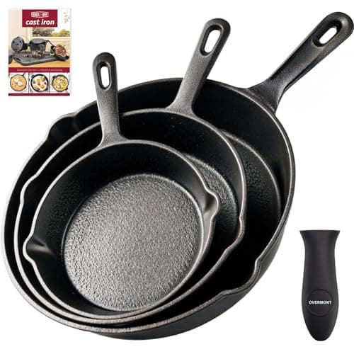 Image of OVERMONT Pre-Seasoned Cast Iron Skillet Set, 3-Piece Frying Pans (6"-15cm, 8"-20cm, 10"-25cm) - Oven Safe, Induction Compatible, Non-Stick, Heavy Duty Cookware for Indoor Use, Grill, StoveTop, Black