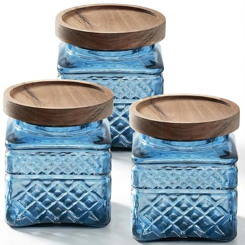 Image of Tel Charme * 3-Pack 600ml Glass Jars with Bamboo Lids, Airtight Vintage Glass Storage Canisters for Kitchen Pantry Coffee Sugar Tea Flour Snacks (Blue-2)