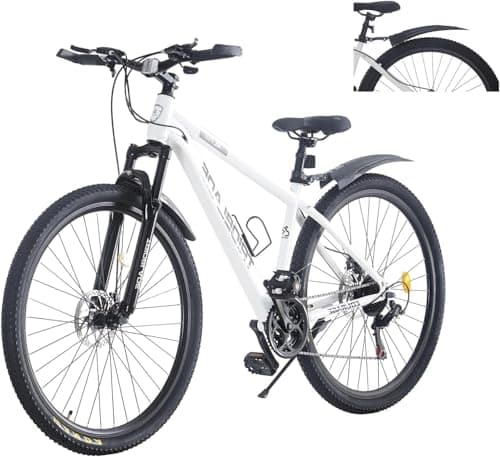 Image of LSBIKE 24 26 27.5 29Inch Mountain Bike 21 Speed Drivetrain Hardtail Bicycle Mens Women Mountain Bike With Shock Lightweight Sport Cycling Bike for Adult with Mudguard MTB Bicycle (White, 26inch)